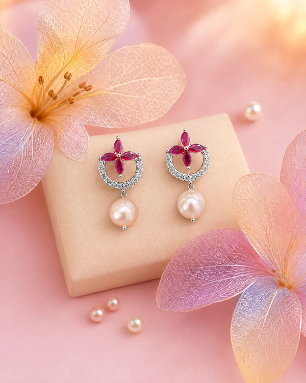 Elegant Silver-Tone Floral & Grey Pearl Drop Earrings