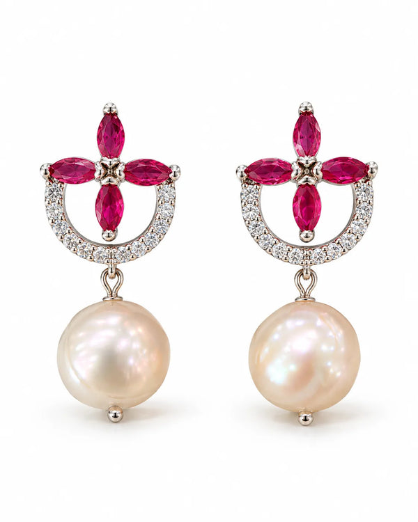 Elegant Silver-Tone Floral & Grey Pearl Drop Earrings