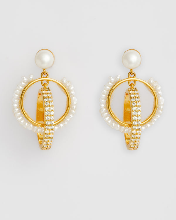 Gold Finish CZ Hoop Earrings with Pearl Accents