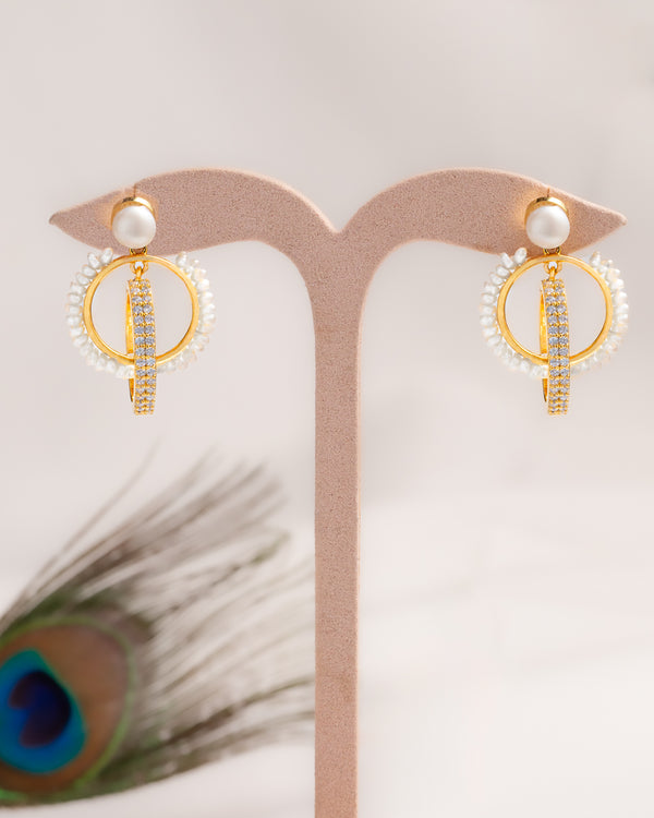 Gold Finish CZ Hoop Earrings with Pearl Accents