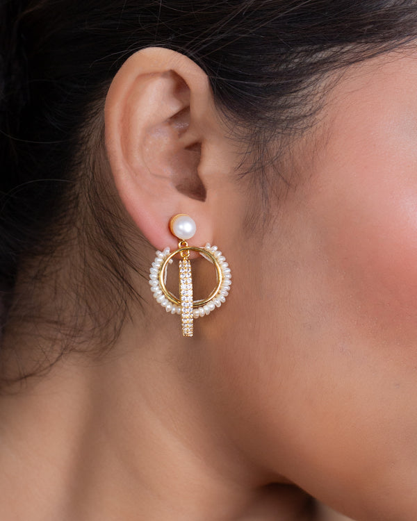 Gold Finish CZ Hoop Earrings with Pearl Accents