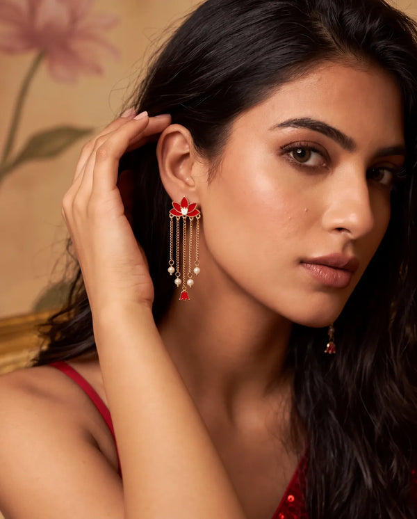 Gold-Plated Enamel Lotus Pearl Earrings with Cascading Chain Tassels