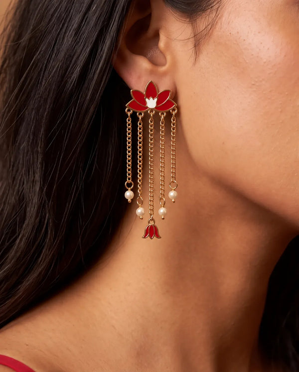 Gold-Plated Enamel Lotus Pearl Earrings with Cascading Chain Tassels
