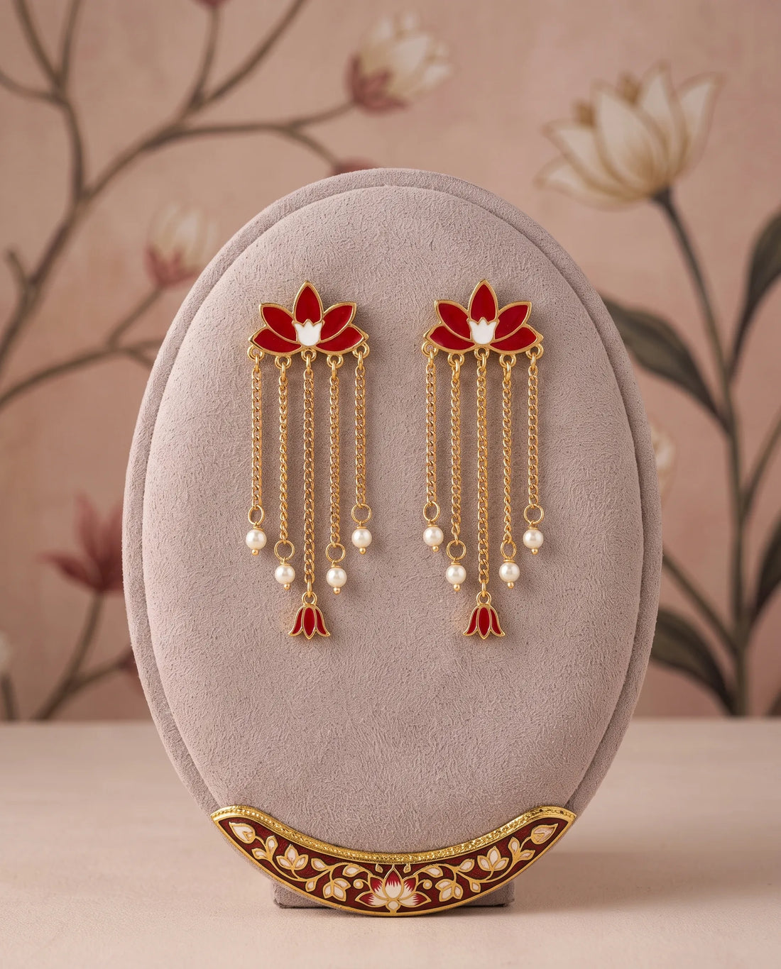 Gold-Plated Enamel Lotus Pearl Earrings with Cascading Chain Tassels