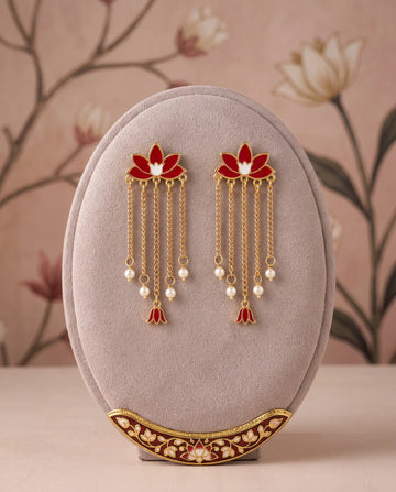 Gold-Plated Enamel Lotus Pearl Earrings with Cascading Chain Tassels