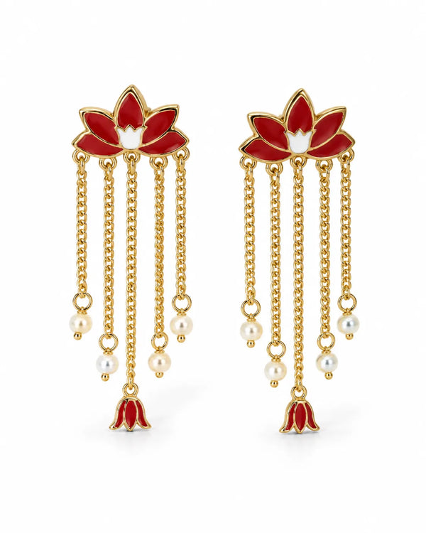 Gold-Plated Enamel Lotus Pearl Earrings with Cascading Chain Tassels