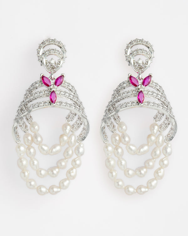 Silver Finish CZ & Pearl Chandbali Earrings
