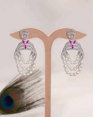 Silver Finish CZ & Pearl Chandbali Earrings