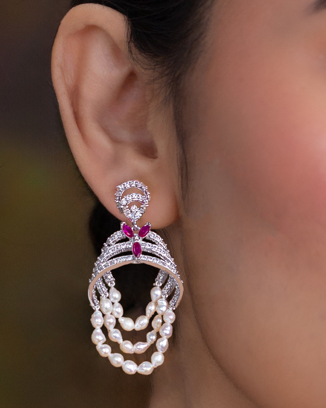 Silver Finish CZ & Pearl Chandbali Earrings