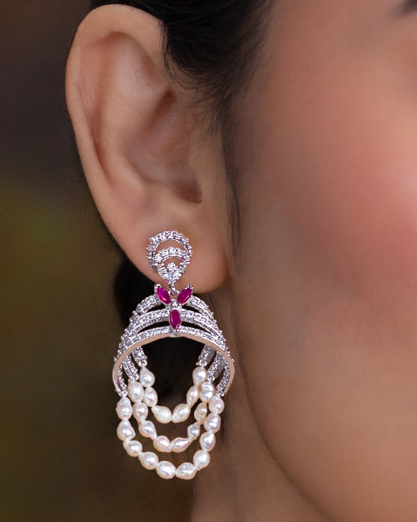 Silver Finish CZ & Pearl Chandbali Earrings