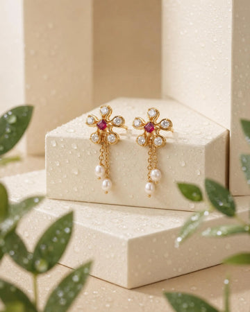 Ruby CZ Floral Drop Earrings with Pearl Chain Tassels