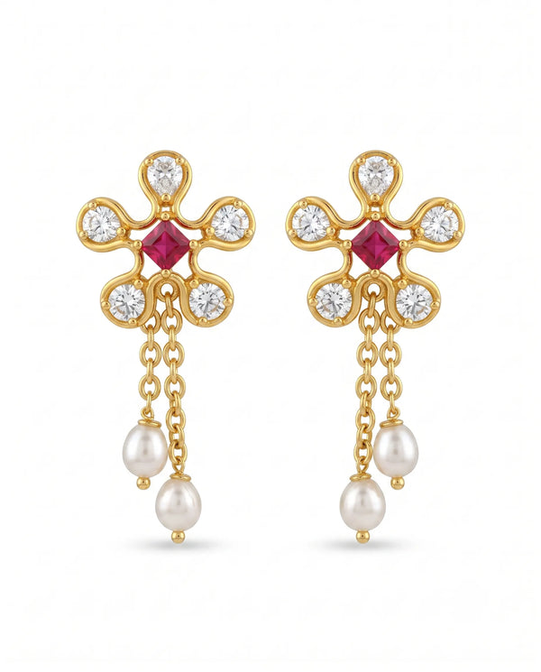 Ruby CZ Floral Drop Earrings with Pearl Chain Tassels