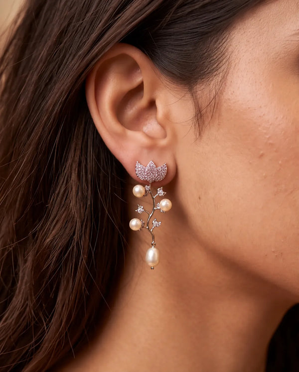 Silver-Tone Vine Drop Pearl Earrings with Pavé CZ Crown