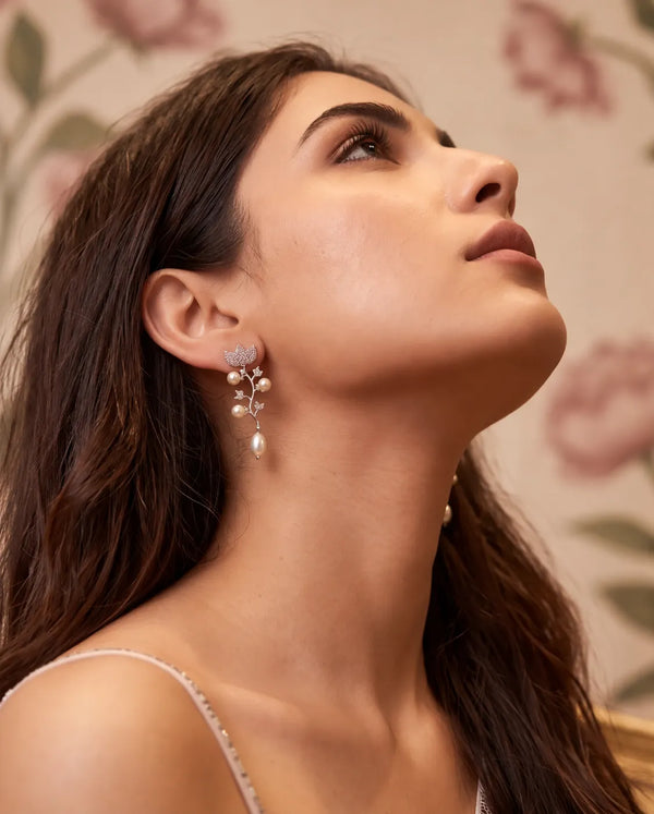 Silver-Tone Vine Drop Pearl Earrings with Pavé CZ Crown