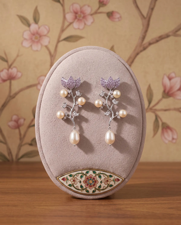 Silver-Tone Vine Drop Pearl Earrings with Pavé CZ Crown