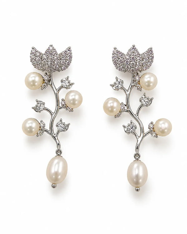 Silver-Tone Vine Drop Pearl Earrings with Pavé CZ Crown