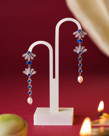 Long Blue Sapphire Earrings with CZ Accents and Pearl Drops