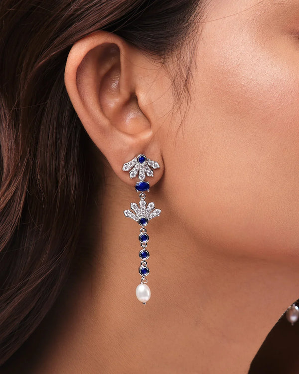 Long Blue Sapphire Earrings with CZ Accents and Pearl Drops