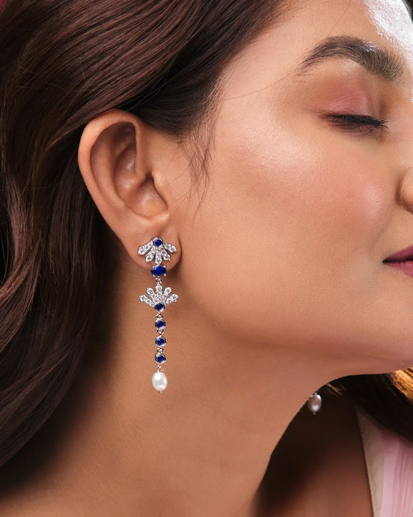 Long Blue Sapphire Earrings with CZ Accents and Pearl Drops