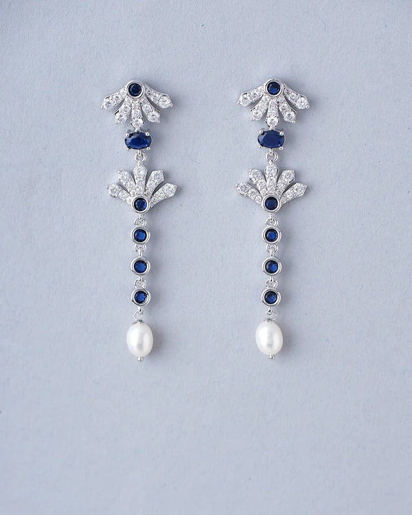 Long Blue Sapphire Earrings with CZ Accents and Pearl Drops