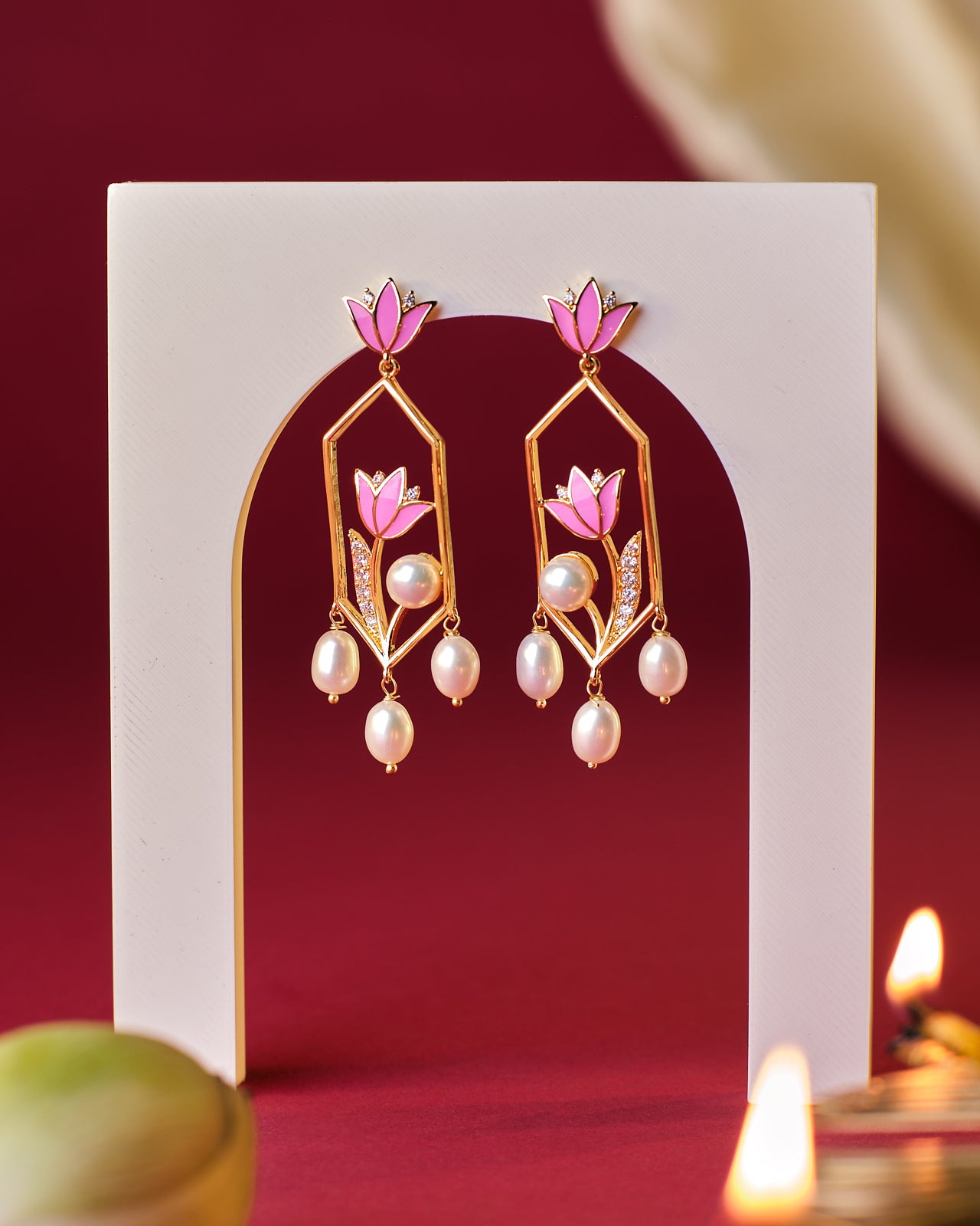 Floral Lotus-Inspired Earrings with Pearls & Enamel Work