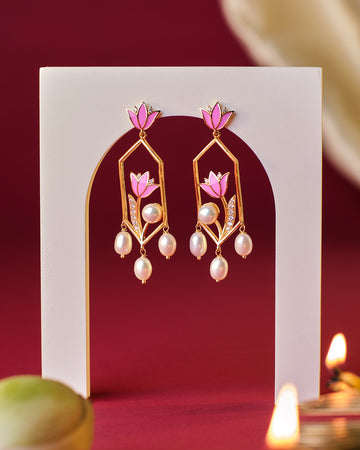 Floral Lotus-Inspired Earrings with Pearls & Enamel Work