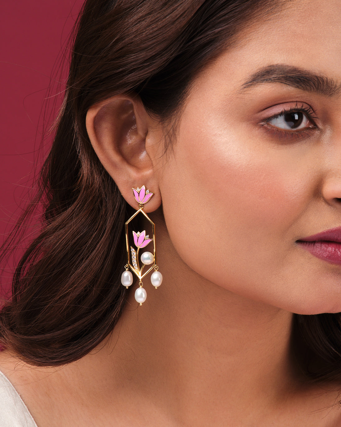 Floral Lotus-Inspired Earrings with Pearls & Enamel Work