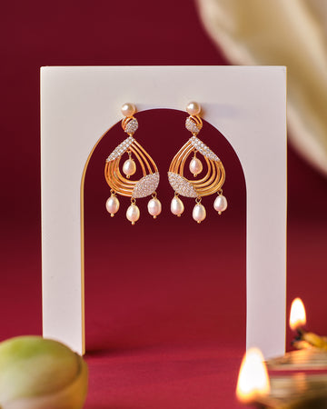 Designer Teardrop Earrings with CZ & Pearl Drops