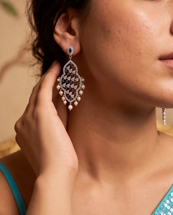 Silver-Tone Filigree Chandelier Pearl Earrings with Sapphire-Blue CZ