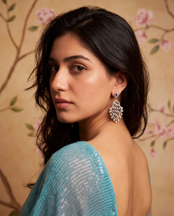 Silver-Tone Filigree Chandelier Pearl Earrings with Sapphire-Blue CZ