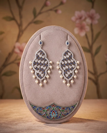 Silver-Tone Filigree Chandelier Pearl Earrings with Sapphire-Blue CZ