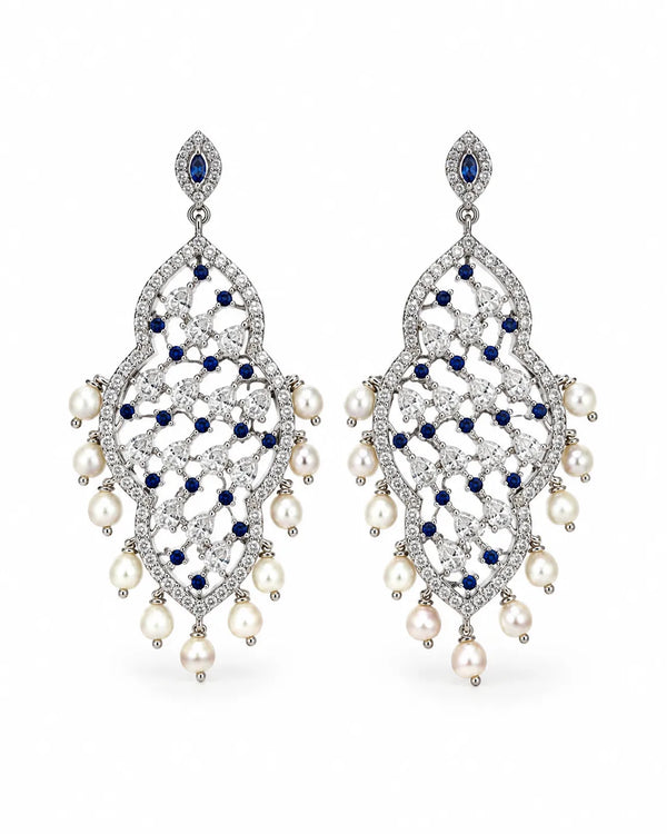 Silver-Tone Filigree Chandelier Pearl Earrings with Sapphire-Blue CZ