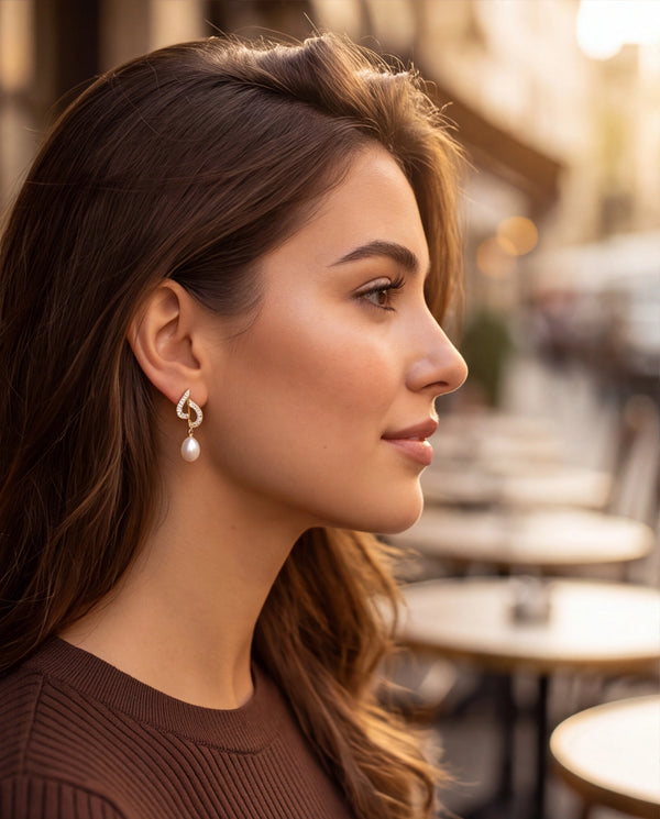 Crystal Swirl Curved Pearl Dangle Earrings