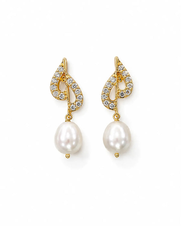 Crystal Swirl Curved Pearl Dangle Earrings