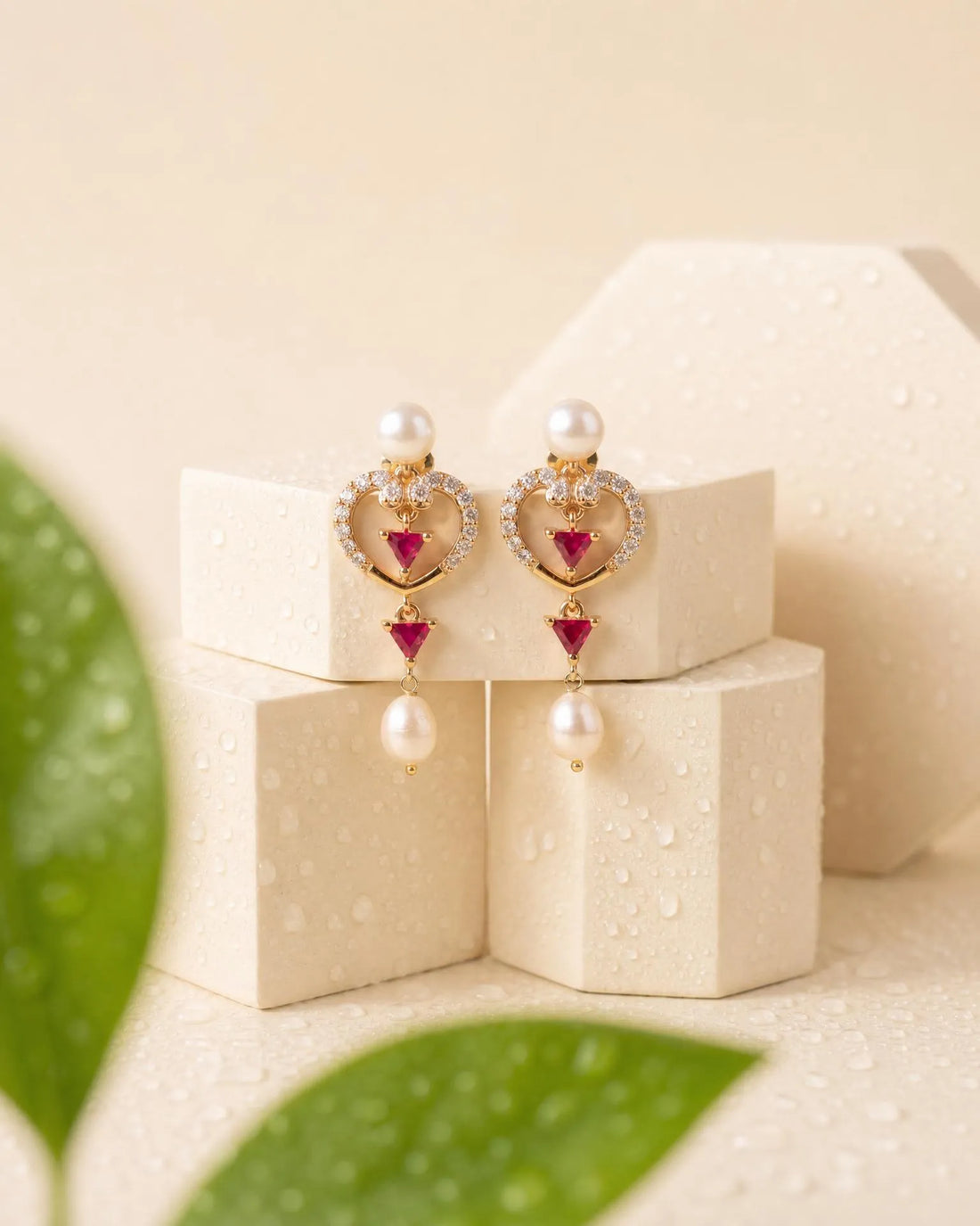 Ruby Heart Pearl Drop Earrings