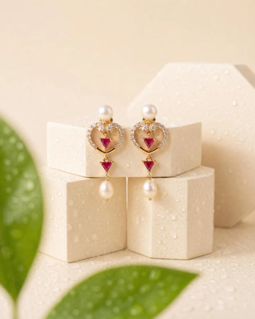 Ruby Heart Pearl Drop Earrings