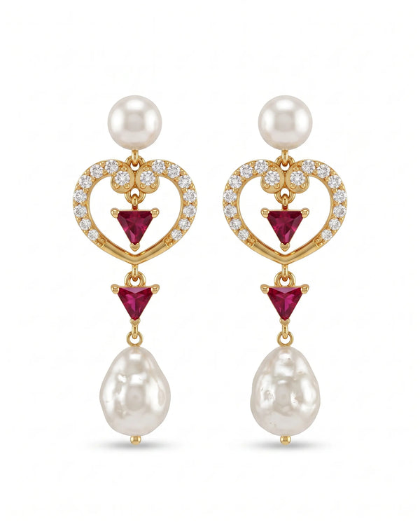 Ruby Heart Pearl Drop Earrings