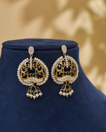 Antique Pearl Border Filigree CZ Drop Earrings