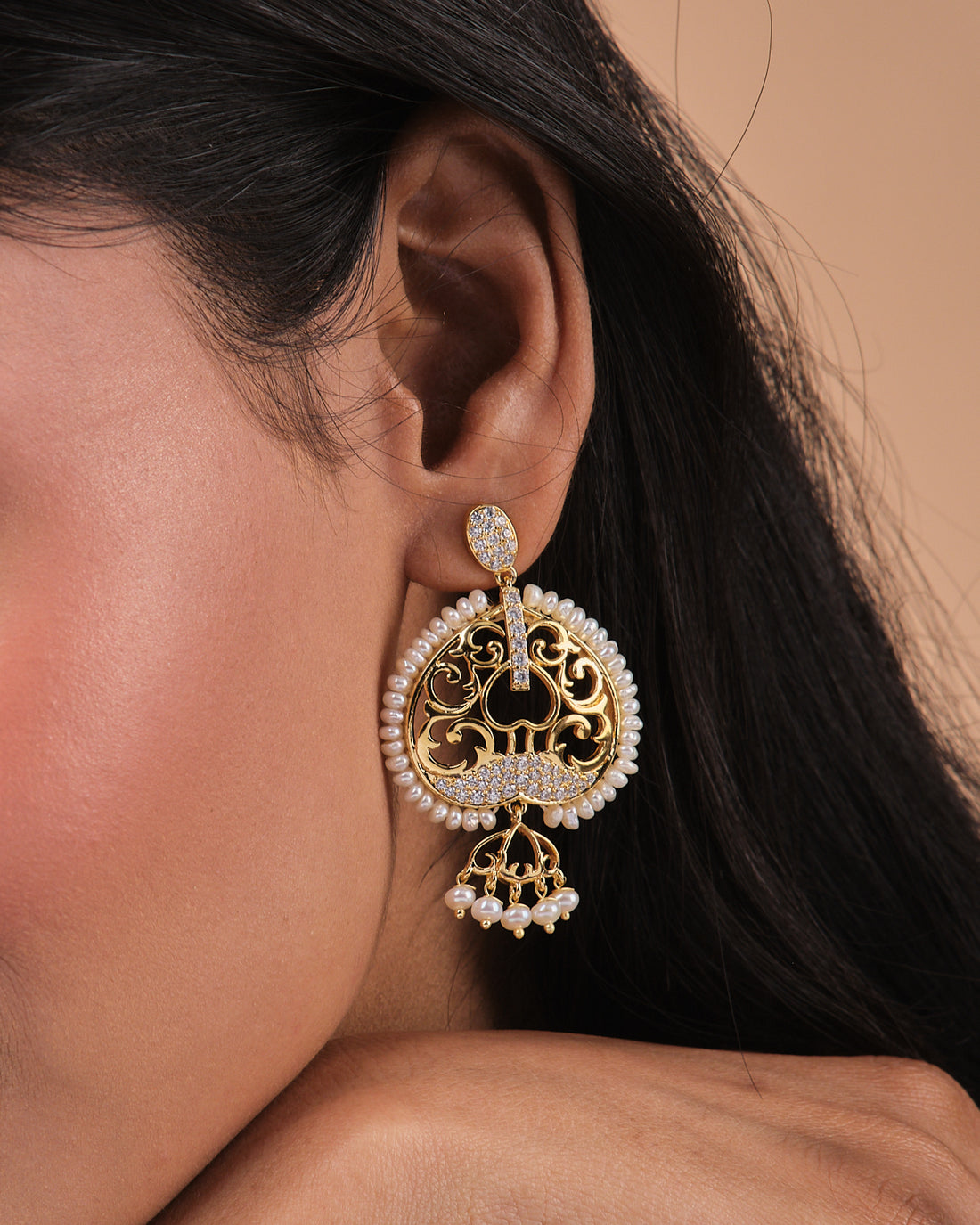 Antique Pearl Border Filigree CZ Drop Earrings