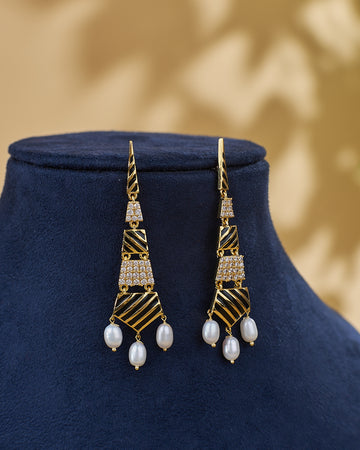 Geometric Enamel CZ Pearl Drop Statement Earrings