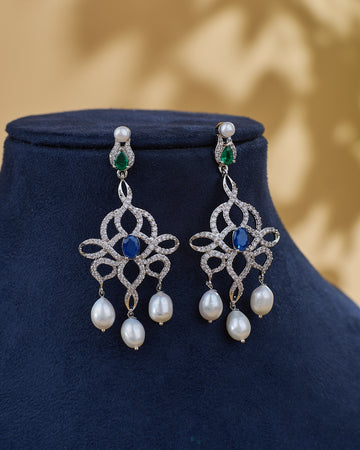 Emerald & Sapphire CZ Pearl Drop Chandelier Earrings