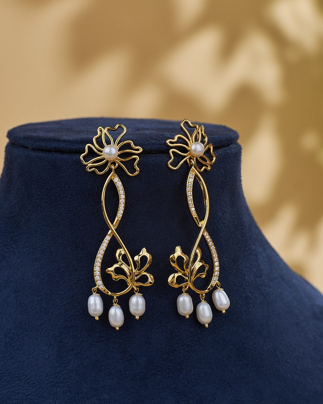 Floral Vine CZ Pearl Drop Long Earrings