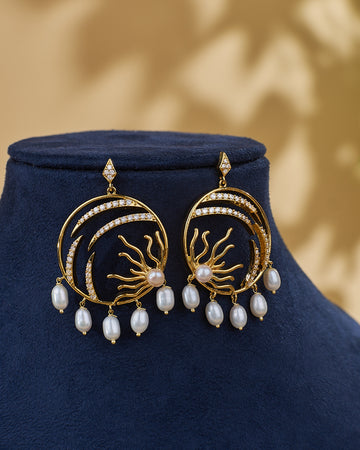 Circular Sunburst CZ Pearl Drop Earrings