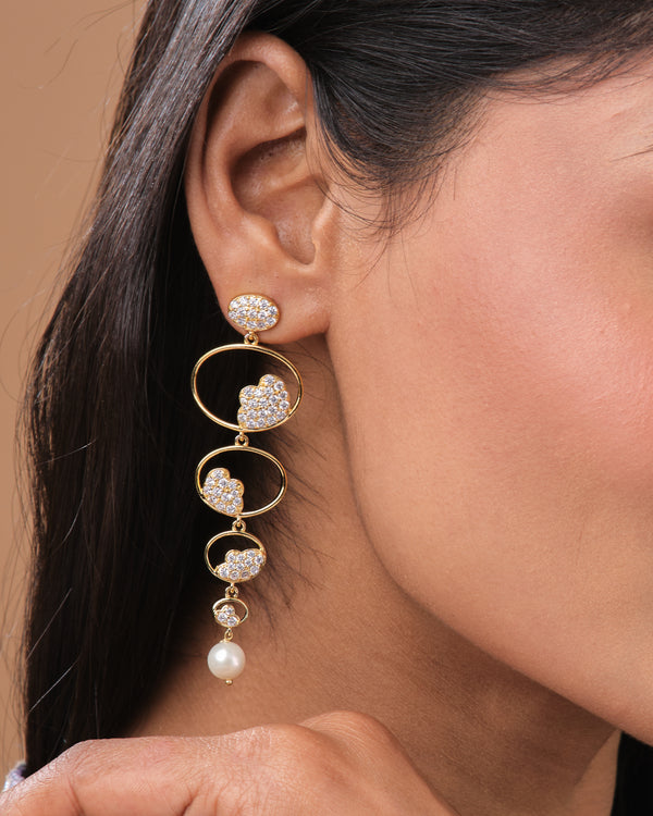 Circle Floral Motif CZ Pearl Drop Long Earrings