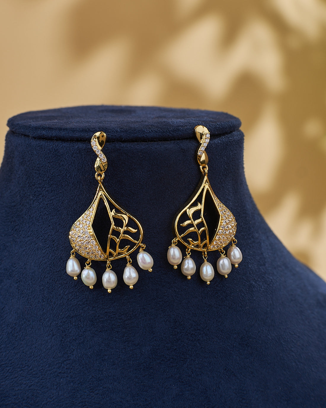Leaf Motif CZ Pearl Drop Traditional Earrings