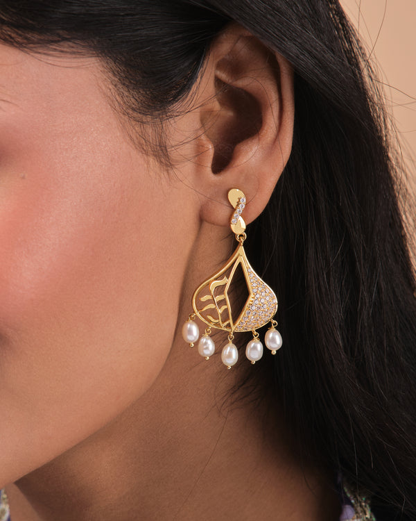 Leaf Motif CZ Pearl Drop Traditional Earrings