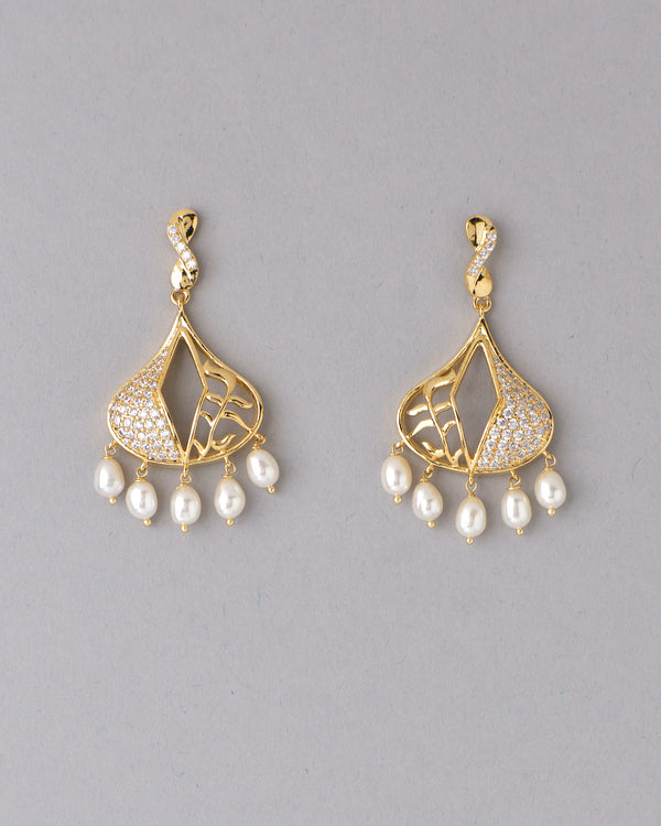 Leaf Motif CZ Pearl Drop Traditional Earrings
