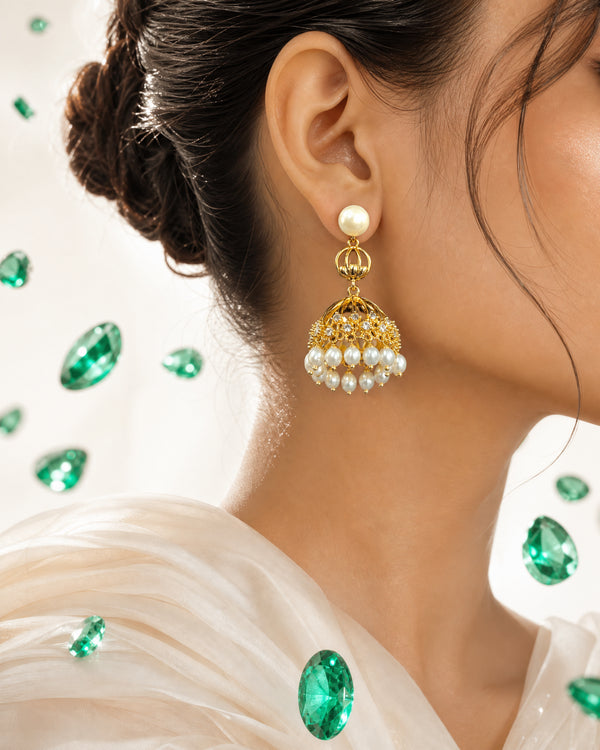 Contemporary Openwork Dome Pearl Jhumka Statement Earrings