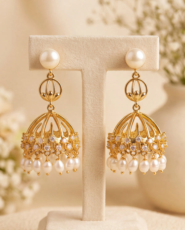 Contemporary Openwork Dome Pearl Jhumka Statement Earrings