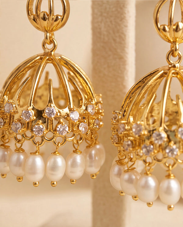 Contemporary Openwork Dome Pearl Jhumka Statement Earrings